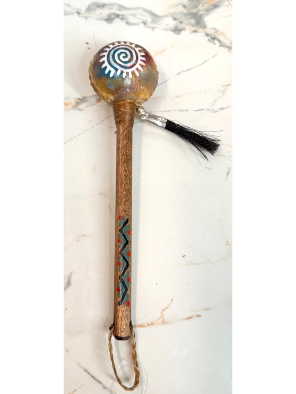 Vintage Navajo Style Hand Painted Rawhide Rattle Shaker - Healing Sun Spiral 9.5